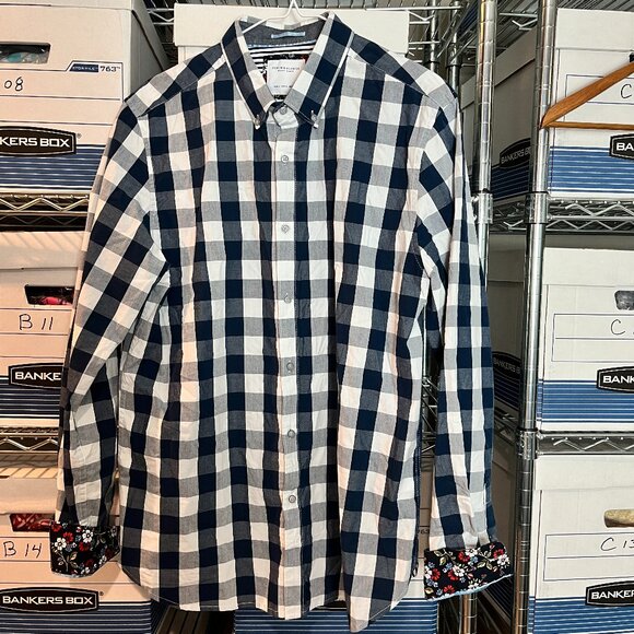 Men's Denim & Flower Ricky Singh Navy/White Check Button Front Shirt Size L - Picture 1 of 11